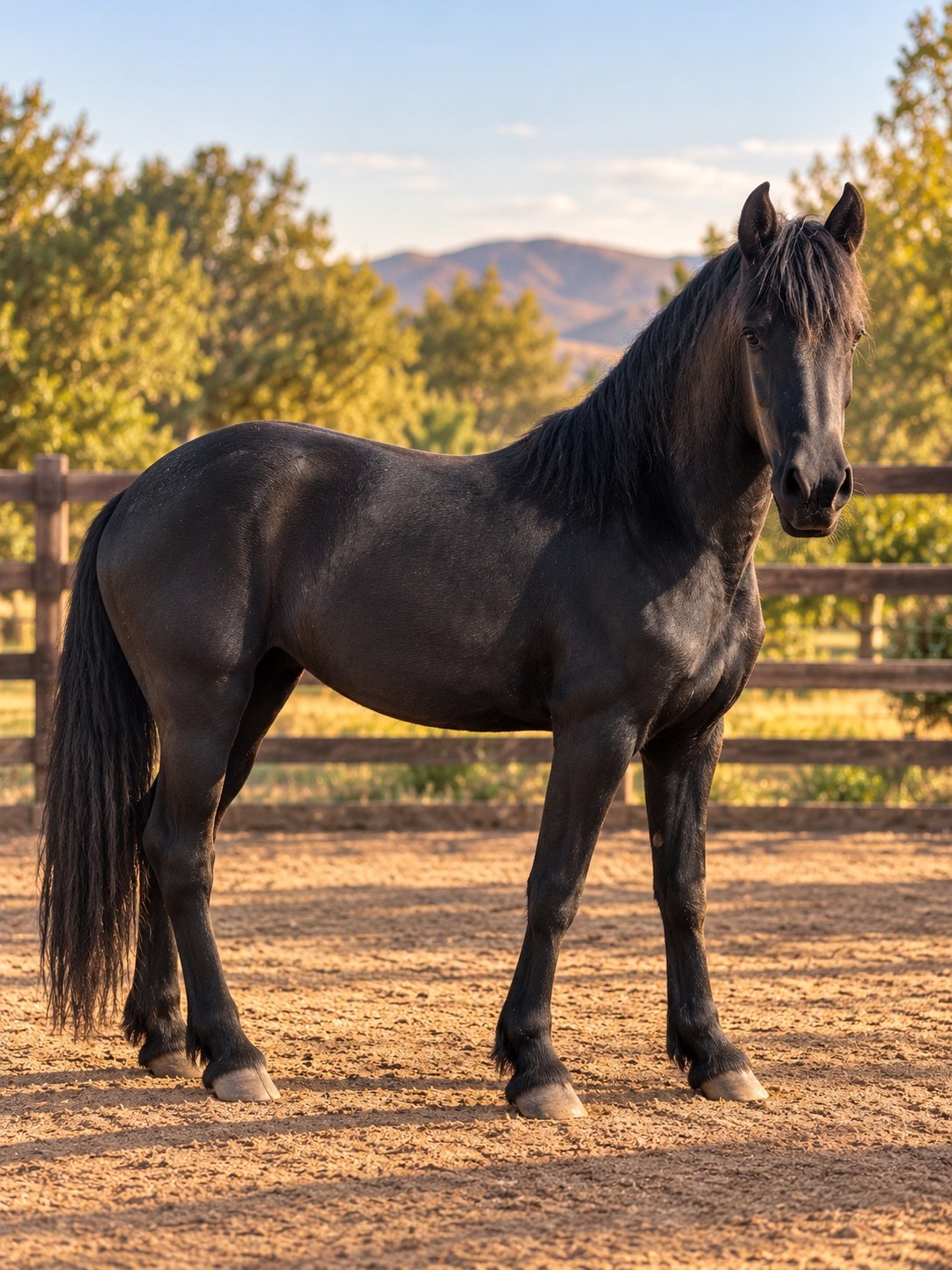 Full body portrait of the black horse in golden evening light